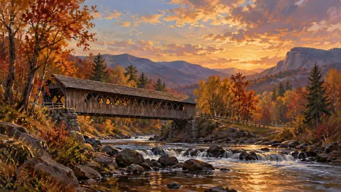 Covered wooden bridge over woodland stream – atmospheric oil painting Frame TV art