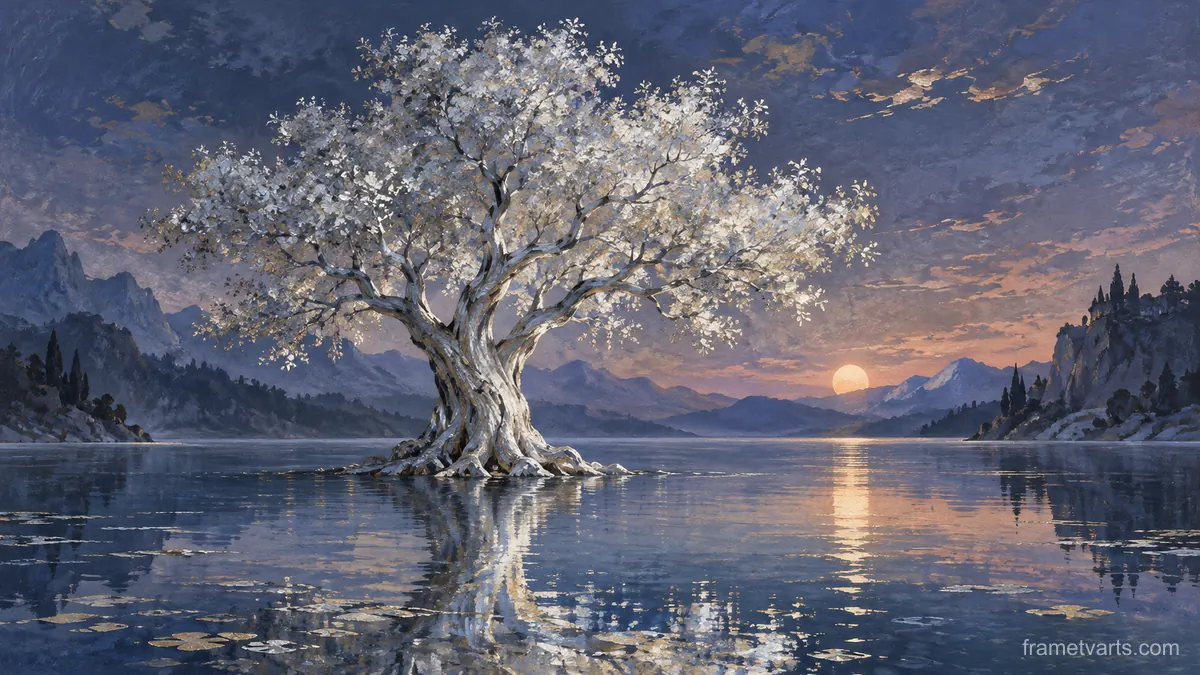 Silver tree growing from a still lake – restrained celestial gouache Samsung Frame TV art, 4K