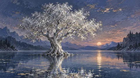 Silver tree growing from a still lake – restrained celestial gouache Frame TV art