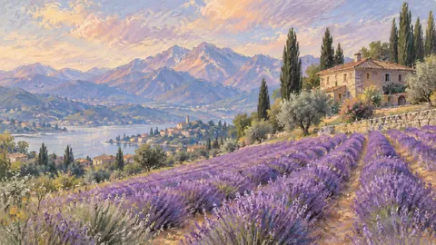 Lavender field beside distant mountains – soft pastel drawing Frame TV art