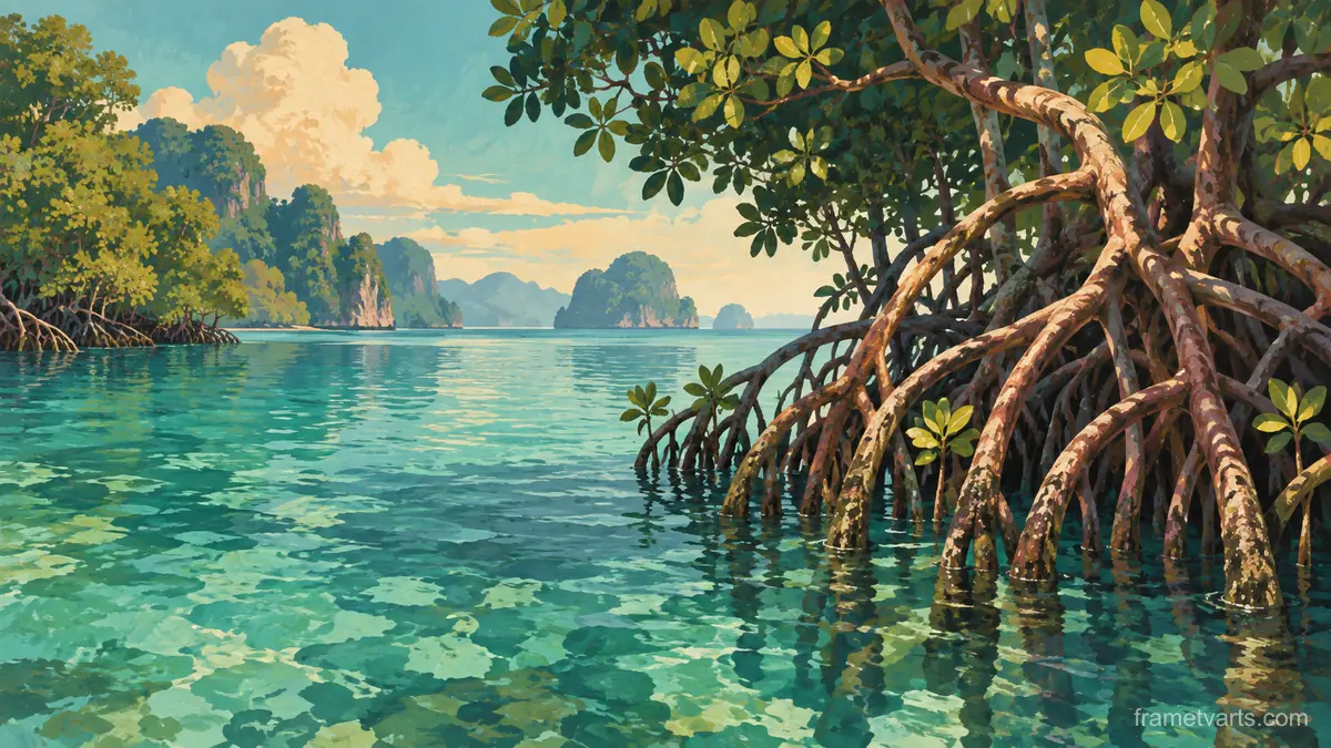 Mangrove roots above luminous water – vintage travel illustration without text Samsung Frame TV art, 4K