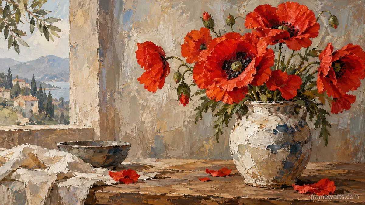 Scarlet poppies in a loose ceramic vase – contemporary loose oil painting Samsung Frame TV art, 4K