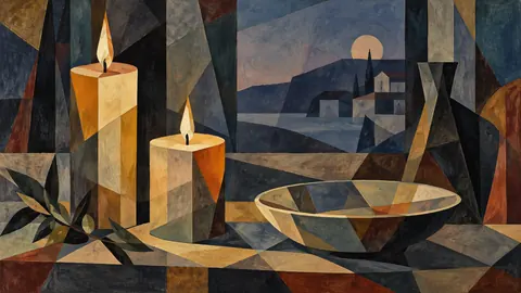 Candles and a shallow ceramic dish – cubist still life Frame TV art