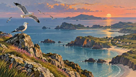 Seabirds above a sweeping coastal inlet – vintage travel illustration without text Frame TV art