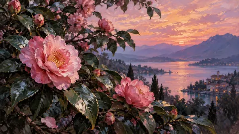 Pink camellias above glossy leaves – contemporary loose oil painting Frame TV art