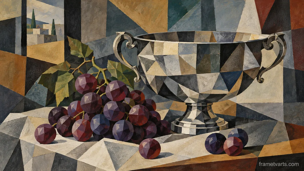 Grapes beside an antique silver bowl – cubist still life Samsung Frame TV art, 4K