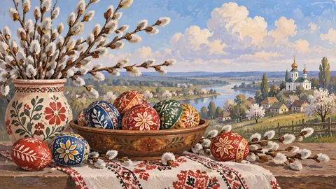Easter painted eggs and willow branches – decorative folk gouache Frame TV art