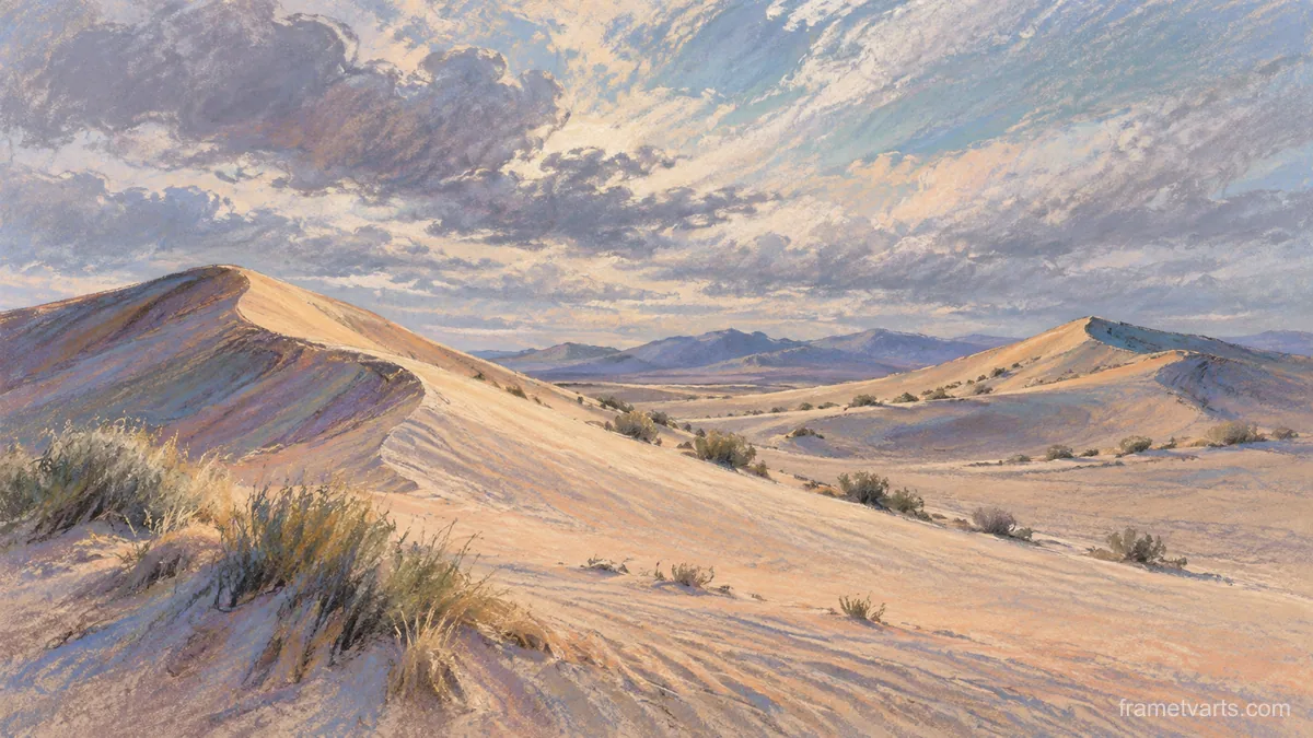 Wind-sculpted sand dunes under high clouds – soft pastel drawing Samsung Frame TV art, 4K