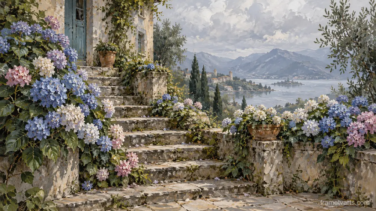 Hydrangeas spilling over weathered garden steps – contemporary loose oil painting Samsung Frame TV art, 4K