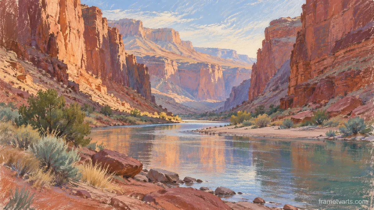 Red canyon and a narrow desert river – soft pastel drawing Samsung Frame TV art, 4K