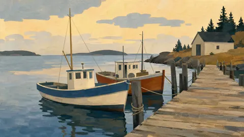 Fishing boats beside a quiet wooden jetty – minimal gouache Frame TV art