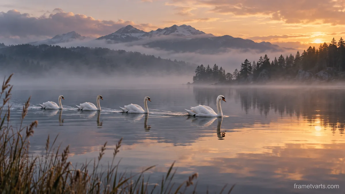White swans crossing a misty lake – fine-art wildlife photography Samsung Frame TV art, 4K