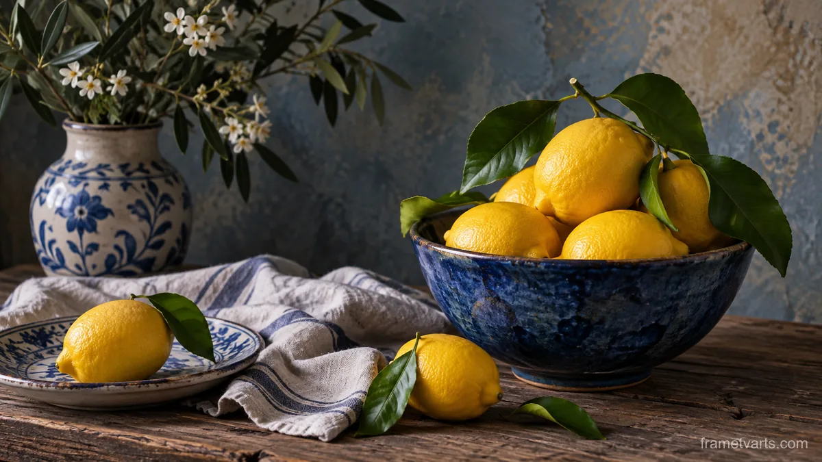 Lemons in a blue ceramic bowl – fine-art still-life photography Samsung Frame TV art, 4K