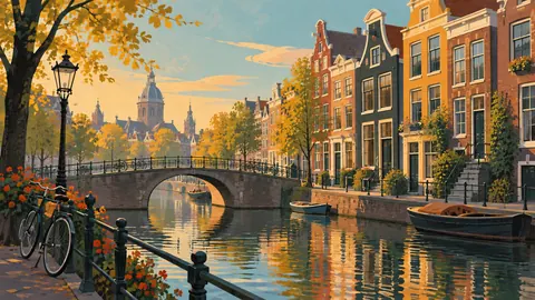 Canal houses beside a narrow stone bridge – mid-century travel illustration without text Frame TV art
