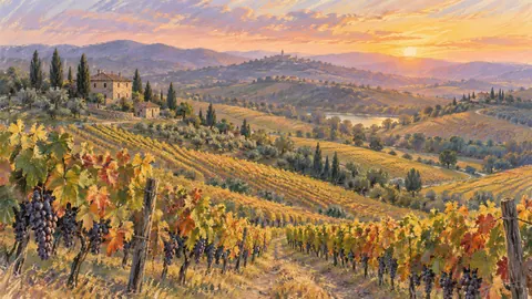 Rolling vineyard hills at harvest – soft pastel drawing Frame TV art