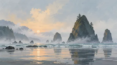 Sea stacks emerging through morning mist – minimal gouache Frame TV art