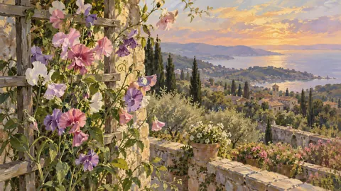 Delicate sweet peas climbing a trellis – contemporary loose oil painting Frame TV art