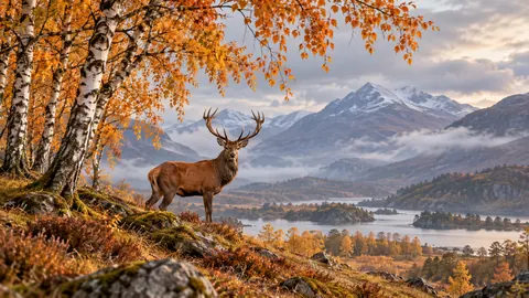 Red deer beneath autumn birches – fine-art wildlife photography Frame TV art
