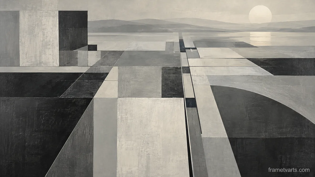 Interrupted grid of squares and narrow rectangles – monochrome minimalist abstraction Samsung Frame TV art, 4K