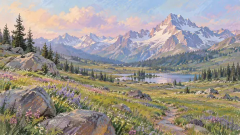 Alpine meadow with scattered boulders – soft pastel drawing Frame TV art