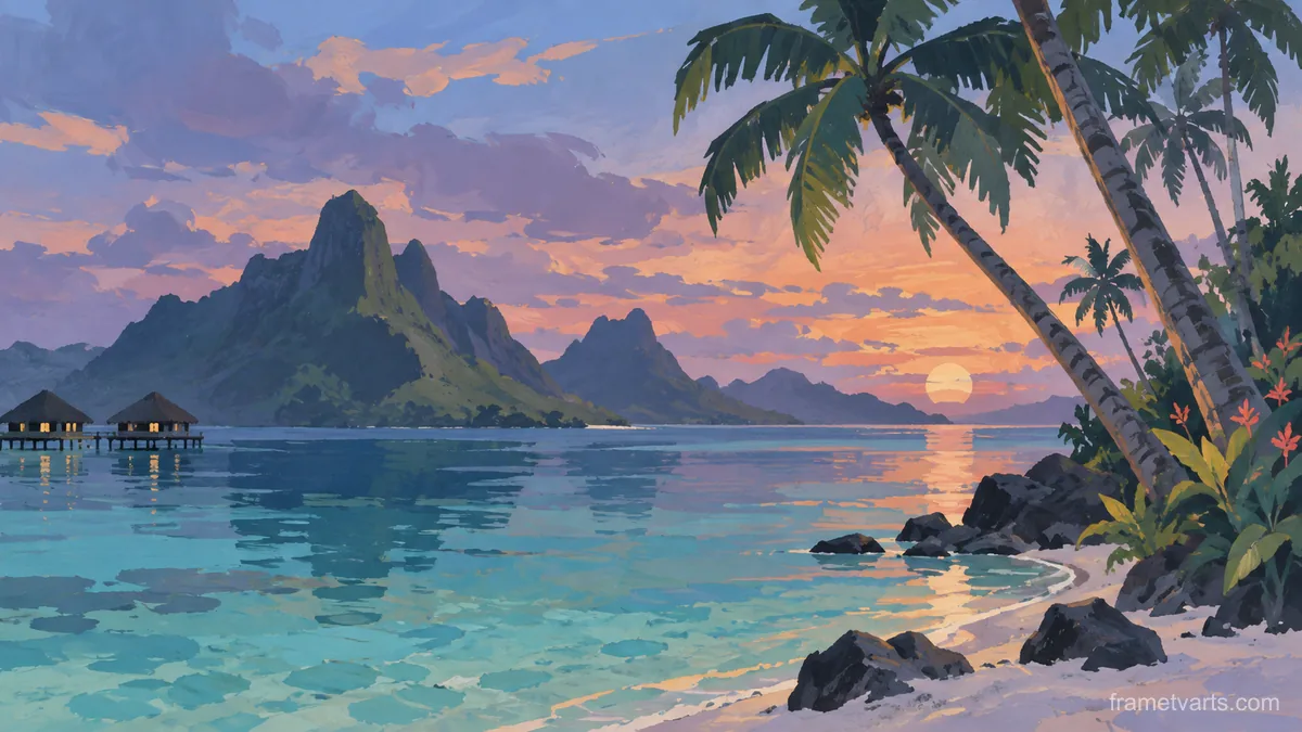 Tropical lagoon beneath leaning palms – minimal gouache Samsung Frame TV art, 4K