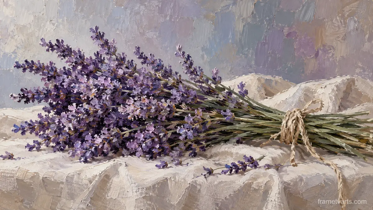 Lavender stems on textured linen – contemporary loose oil painting Samsung Frame TV art, 4K
