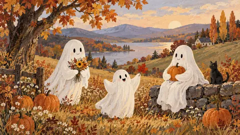 Halloween friendly ghosts in an autumn meadow – decorative folk gouache Frame TV art