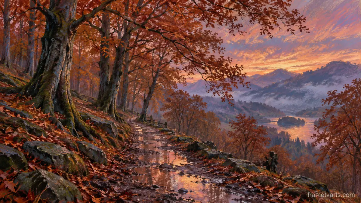 Wet woodland path among copper beeches – soft pastel drawing Samsung Frame TV art, 4K
