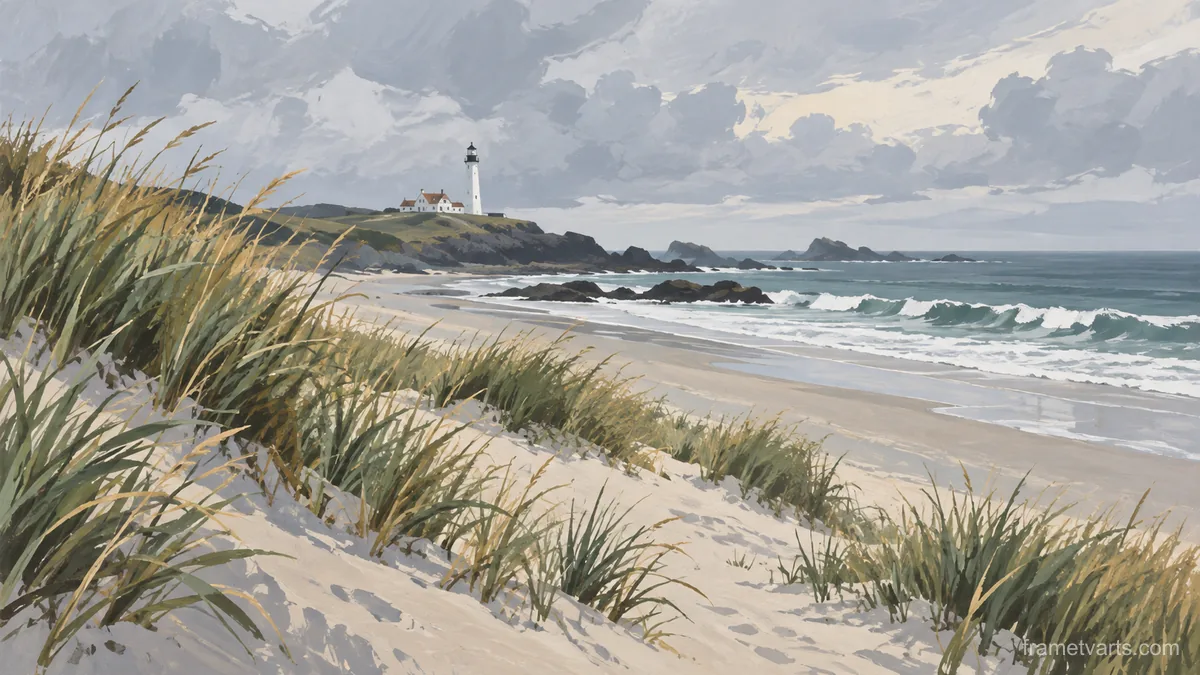 Dune grass and a distant lighthouse – minimal gouache Samsung Frame TV art, 4K