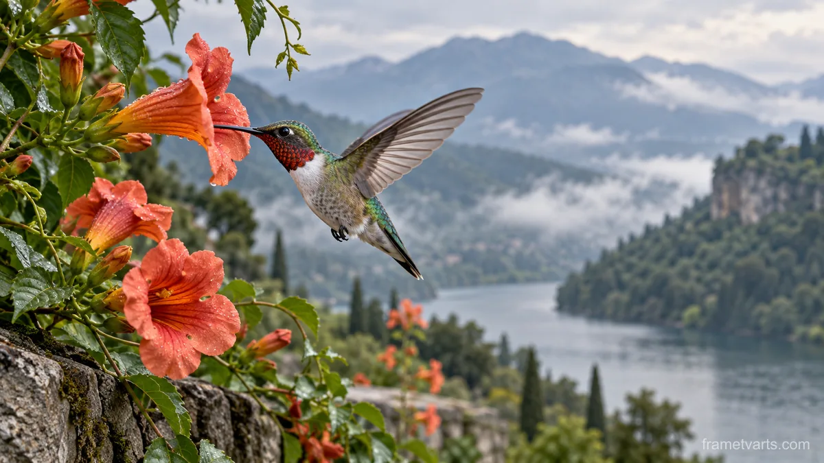 Hummingbird hovering beside trumpet flowers – fine-art wildlife photography Samsung Frame TV art, 4K