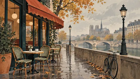 Quiet Paris-inspired corner cafe without lettering – mid-century travel illustration without text Frame TV art