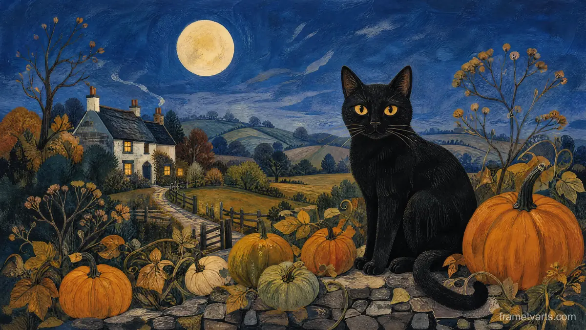 Halloween black cat with pumpkins beneath moonlight – decorative folk gouache Samsung Frame TV art, 4K