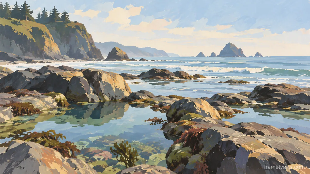Tide pools scattered across rocky shore – minimal gouache Samsung Frame TV art, 4K