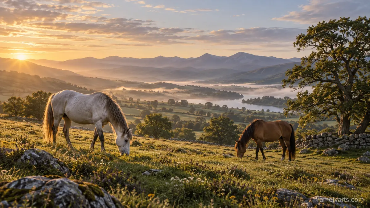 Two horses grazing on rolling pasture – fine-art wildlife photography Samsung Frame TV art, 4K