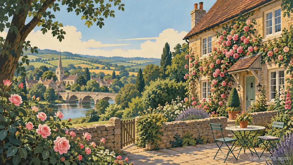 English cottage with a climbing rose garden – mid-century travel illustration without text Samsung Frame TV art, 4K