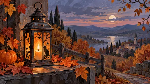 Halloween antique lantern and autumn leaves – decorative folk gouache Frame TV art