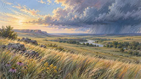 Prairie grass rippling beneath storm clouds – soft pastel drawing Frame TV art