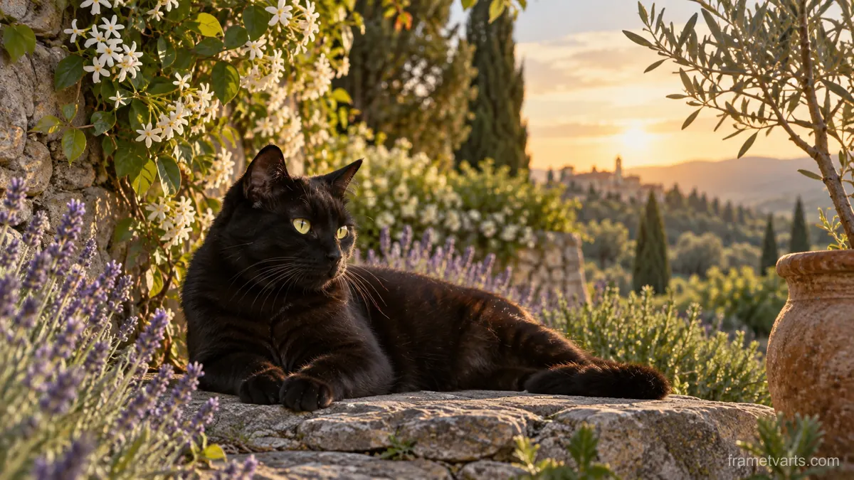 Black cat resting in a sunlit garden – fine-art wildlife photography Samsung Frame TV art, 4K