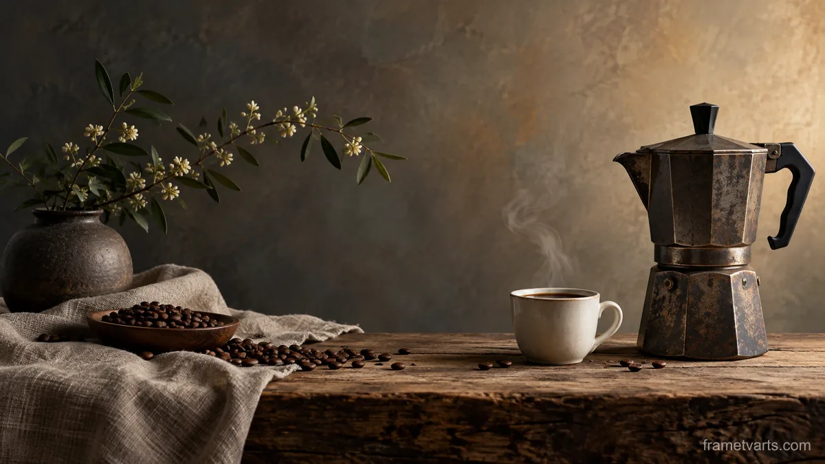 Coffee pot and a small plain porcelain cup – fine-art still-life photography Samsung Frame TV art, 4K