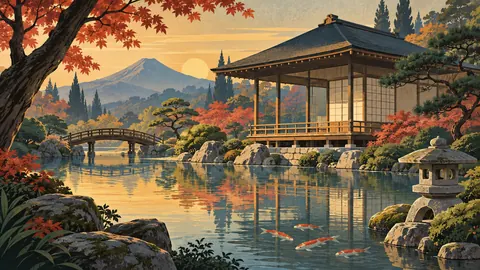 Japanese-inspired wooden garden pavilion – mid-century travel illustration without text Frame TV art