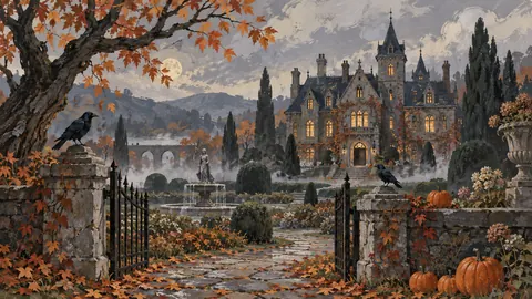 Halloween haunted manor in a misty garden – decorative folk gouache Frame TV art