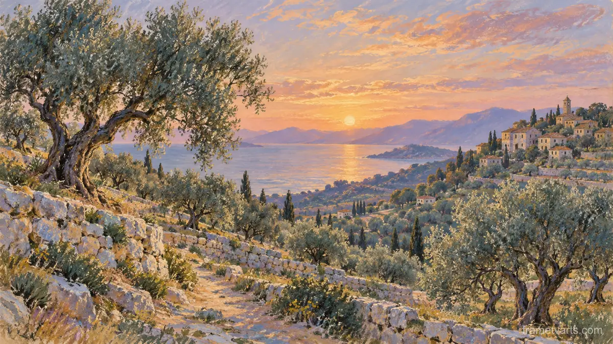 Olive grove on terraced limestone hills – soft pastel drawing Samsung Frame TV art, 4K