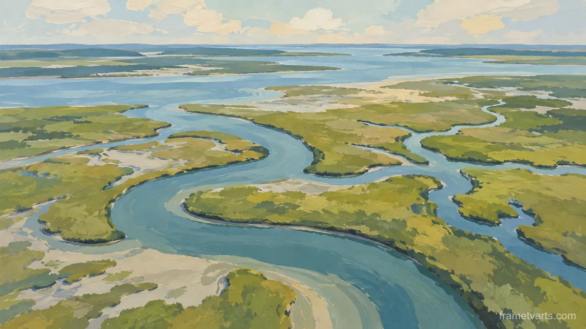 Salt marsh channels seen from above – minimal gouache Samsung Frame TV art, 4K