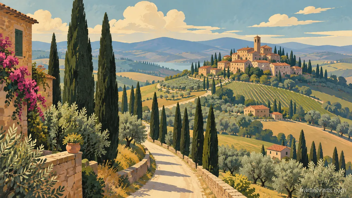Tuscan-inspired hill village and cypress avenue – mid-century travel illustration without text Samsung Frame TV art, 4K
