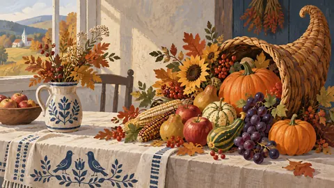 Thanksgiving harvest cornucopia on linen – decorative folk gouache Frame TV art