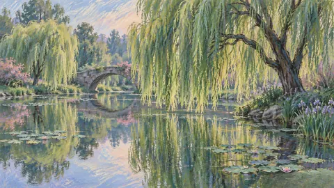 Willow trees reflected in a still pond – soft pastel drawing Frame TV art