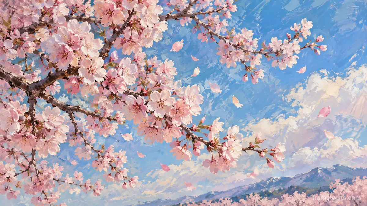 Cherry blossom branches across an open sky – contemporary loose oil painting Samsung Frame TV art, 4K