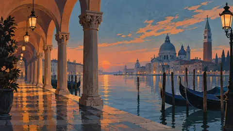 Venetian-inspired arcade beside still water – mid-century travel illustration without text Frame TV art