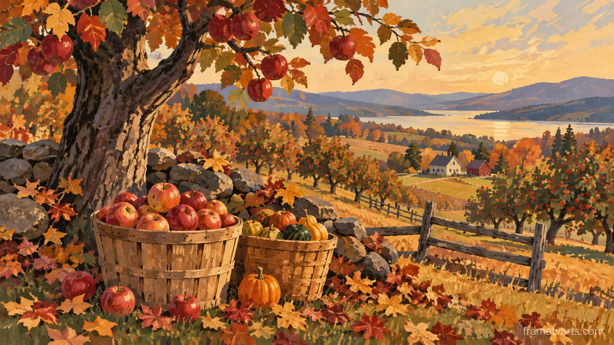 Thanksgiving orchard baskets and fallen leaves – decorative folk gouache Samsung Frame TV art, 4K