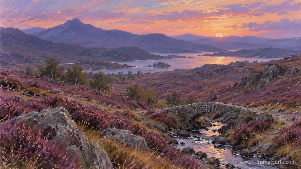 Heather moor and small stone footbridge – soft pastel drawing Samsung Frame TV art, 4K